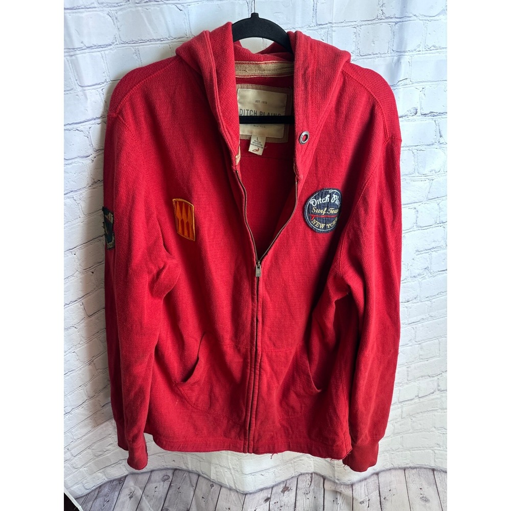 VINTAGE Ditch Plains Full Zip Hoodie Surf Team Patches Cotton Blend Red L